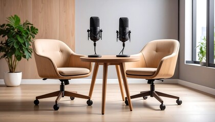 Podcast Studio Setup Microphones with Chairs  Table in Modern, and LightFilled Room.
