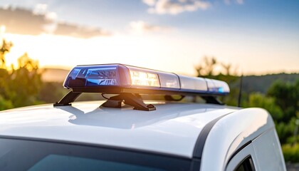 Police Car Siren Blazing Blue  Orange Sunset with Emergency Services, and Vehicle.