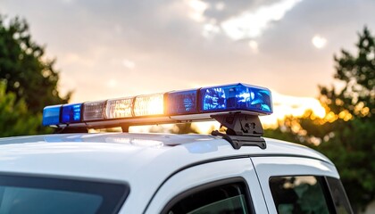 Police Car Siren Lit Up at Sunset with Emergency Response, Law Enforcement, and Safety Concept.