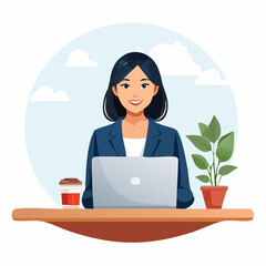Smiling businesswoman working at a desk with a laptop and a coffee cup illustration