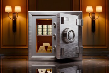 Secure digital safe with combination lock, open door revealing coins and cash inside, in a luxurious setting with elegant lighting

