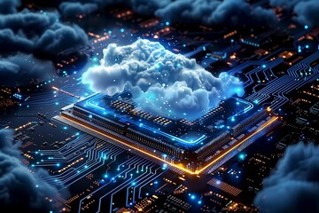 Futuristic Cloud Computing Concept: Virtual Cloud Hovering Over an Illuminated Circuit Board
