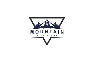 Outdoor Mountain Logo - circle emblem for mountain climbing, nature hiking basecamp, pine tree forest, nature adventure badge