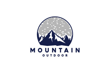 Outdoor Mountain Logo - circle emblem for mountain climbing, nature hiking basecamp, pine tree forest, nature adventure badge