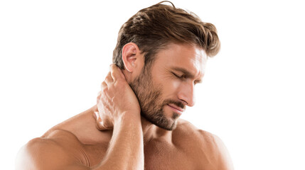 Obraz premium Shirtless man with closed eyes, experiencing intense neck pain while touching his neck, set against a transparent background, illustrating the struggle with discomfort and tension