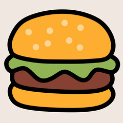 Tasty cartoon hamburger with bun, meat, and lettuce in flat design. Ideal for fast food, restaurant menu, BBQ, party snacks, or fun food illustration needs.