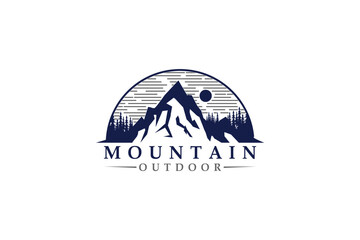Outdoor Mountain Logo - circle emblem for mountain climbing, nature hiking basecamp, pine tree forest, nature adventure badge