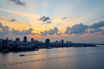Fototapeta premium enchanting evening skyline of victoria island, lagos, nigeria, subject silhouette on the right, with vast copy space on the left for photos.