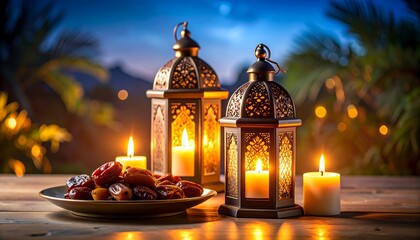 Ramadan Kareem Elegant lanterns with dates, candles at sunset, and celebrating Eid.