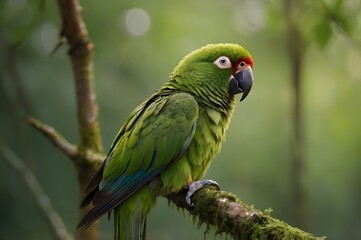 Obraz premium Vibrant green parrot perched on a tree branch in a lush jungle environment