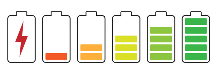 Battery charging indicator icon in white background. Fully charged and discharged battery in 0 to 100 % level icon. Vector illustration.
