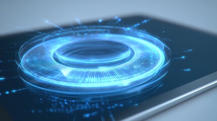 A glowing blue circle design on a black surface with small blue lights around it in a close up view