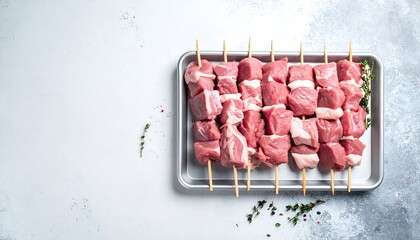 Raw meat skewers on tray with preparation for cooking, culinary concept, top view, and grey background.