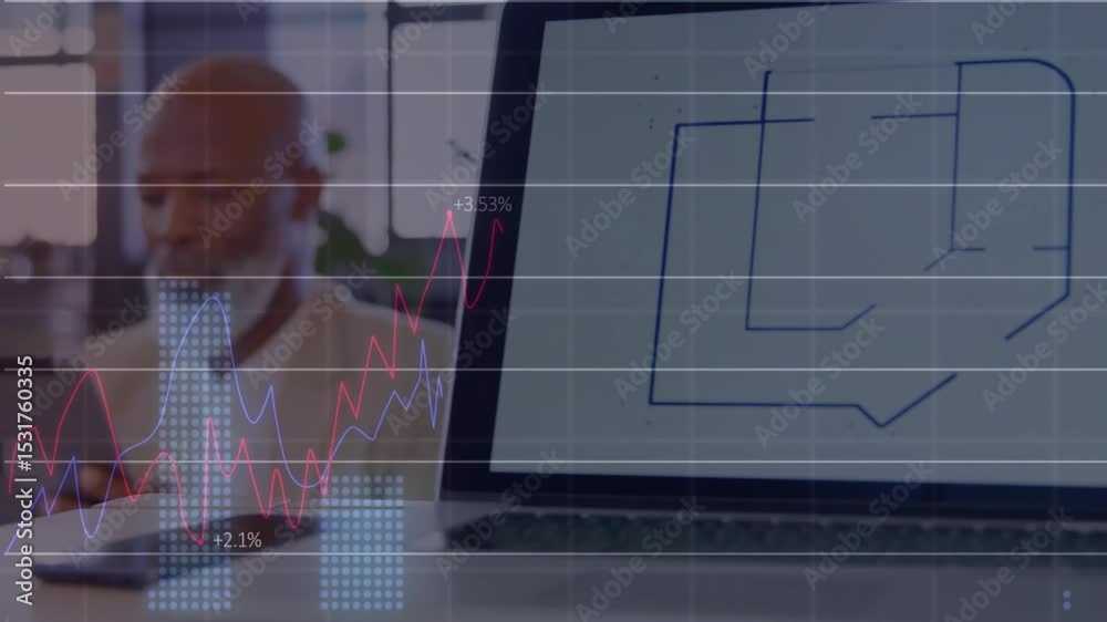 Poster man tapping tablet generating finance waveforms and bar graphs while analyzing market trends