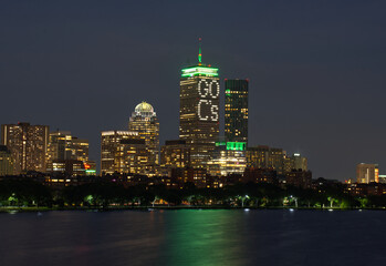 Downtown Boston at night during a basketball playoff game