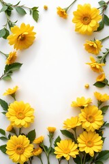 bright yellow flowers arranged with delicate green leaves, subject positioned at the bottom with ample copy space at the top.
