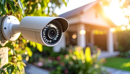 Security camera protecting home surveillance with technology, CCTV, and outdoor at sunset.