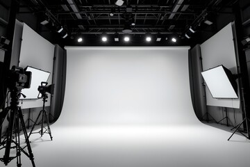 film set studio with floodlights illuminating the subject at the top, clear copy space at the bottom for professional movie entertainment industry technology.