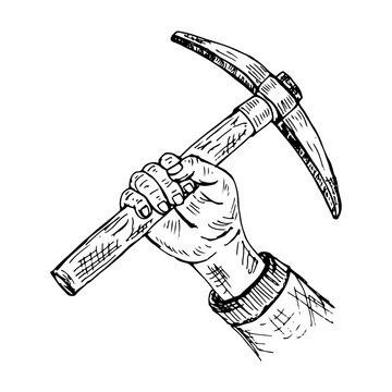 Hand holding a pickaxe, vintage engraved style illustration, vector hand-drawn.
