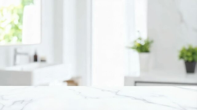 Minimalist bathroom background featuring marble countertop, blurred sink, window, and green plants.