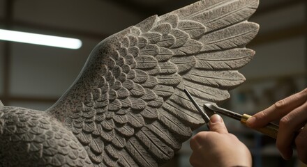 Detailed Granite Eagle Sculpture in Progress Masterfully Carved Artwork with Chisel and Precision, Art and Craftsmanship