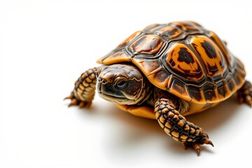Obraz premium close up of a turtle on white background, created with technology, subject at top, copy space at bottom, cheery lemon tones under white brilliance.