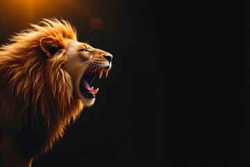 hyper realistic bronze toned lion roaring on the left side of the image against a black background under a sunbeam, ample copy space on the right for photos.