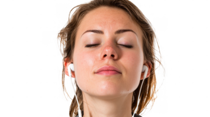 Young woman wearing earphones is enjoying music with closed eyes, isolated on transparent background, creating a serene and peaceful atmosphere