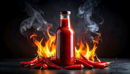 Spicy Hot Sauce Fiery Chili Peppers  Intense Flames on Dark Background.
