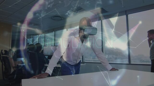 Mature man entering tech office and wearing VR headset, activating digital network analyzing data