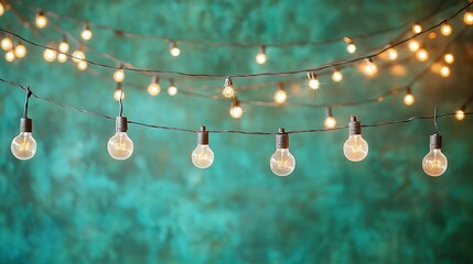 Hanging fairy lights creating magical atmosphere with soft warm glow on pastel green background, text space for festive scenes like Christmas weddings or New Year mapping visuals
