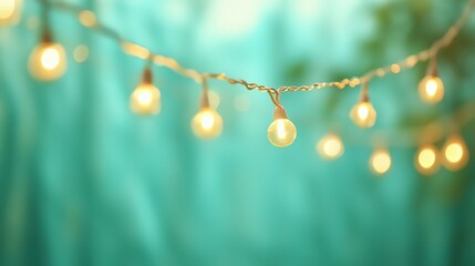 Hanging fairy lights creating magical atmosphere with soft warm glow on pastel green background, text space for festive scenes like Christmas weddings or New Year mapping visuals