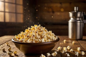 Bowl of freshly popped popcorn with scattered kernels on a rustic wooden table, ready for snacking

