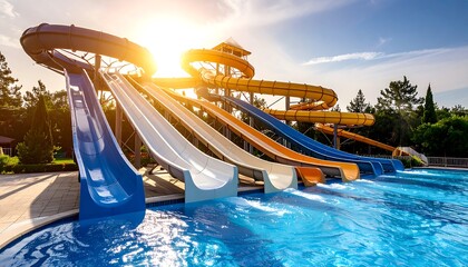 Sunny Water Park with Colorful Slides with Pool  Blue Sky Summer Fun.