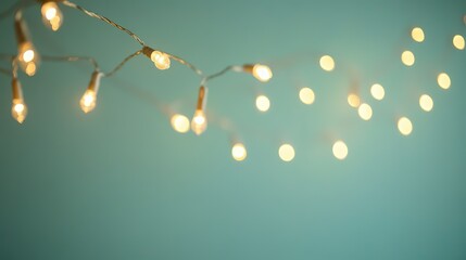 Hanging fairy lights creating magical atmosphere with soft warm glow on pastel green background, text space for festive scenes like Christmas weddings or New Year mapping visuals