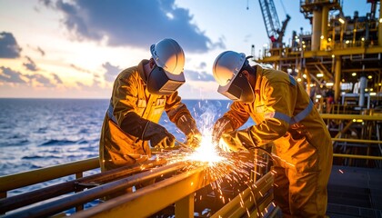 Welders at Work Offshore Oil Rig Sparks  Industry with Ocean Sunset Background.