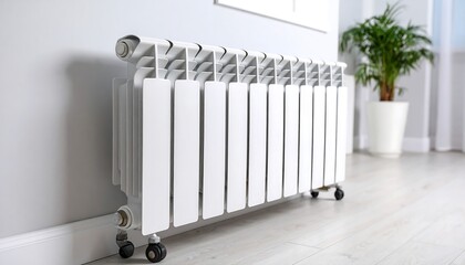 White radiator in a bright modern room with a green plant Energy efficient.