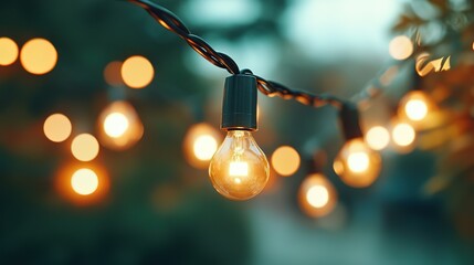 Hanging fairy lights creating magical atmosphere with soft warm glow on pastel green background, text space for festive scenes like Christmas weddings or New Year mapping visuals