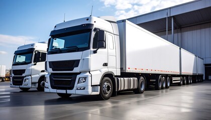 White semitrucks parked near warehouse with logistics and delivery concept.