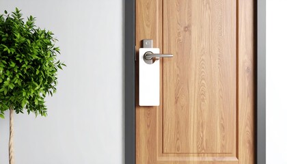 Wooden Door with Blank Do Not Disturb Sign in Modern Home Interior.