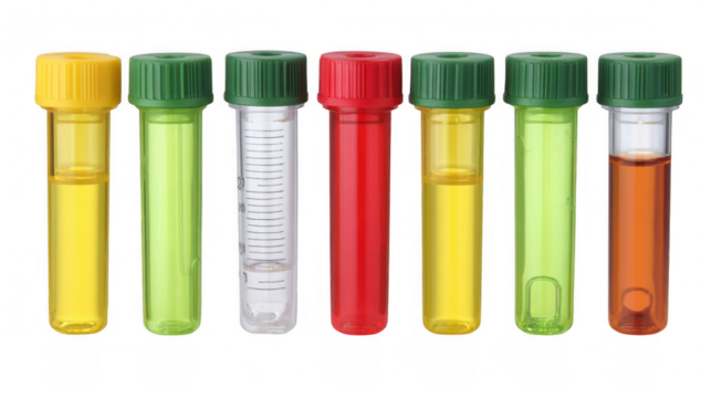 Seven colorful centrifuge tubes, filled with various liquid samples, are arranged in a row against a transparent background, ready for scientific analysis