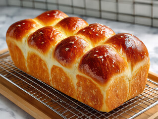 Freshly baked bread loaf with golden brown crust and soft, fluffy interior, perfect for sandwiches or toast. texture is inviting, making it delightful addition to any meal