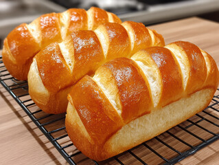 Freshly baked bread loaves with golden brown crust, beautifully shaped with slashes on top, resting on cooling rack. warm, inviting aroma fills kitchen, making it delightful treat