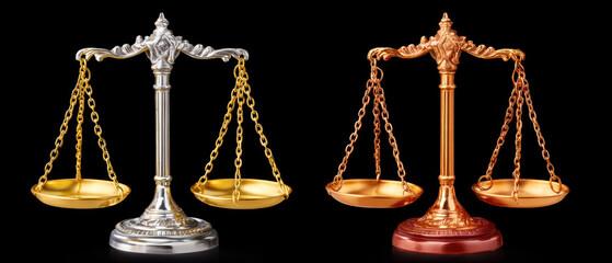 Elegant silver and gold balance scales symbolize justice and fairness, showcasing intricate designs and craftsmanship. These scales represent legal system and moral integrity