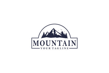 Outdoor Mountain Logo - circle emblem for mountain climbing, nature hiking basecamp, pine tree forest, nature adventure badge