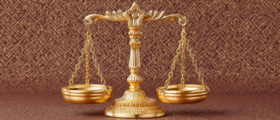 Golden balance scale symbolizes justice and fairness, elegantly designed with intricate details. scales are poised on textured background, conveying sense of authority and balance