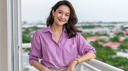 Woman stands on balcony, smiling confidently. She wears light purple button up shirt and has relaxed hairstyle. background features cityscape with greenery