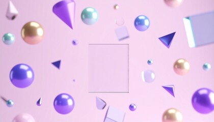 Abstract 3D Geometric Shapes Floating on Pink Background with Square Frame.