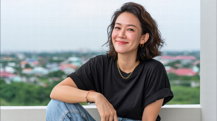 Young woman with curly hair smiles confidently while sitting ledge. She wears casual black t shirt and light blue jeans, with cityscape background. scene conveys relaxed and cheerful atmosphere