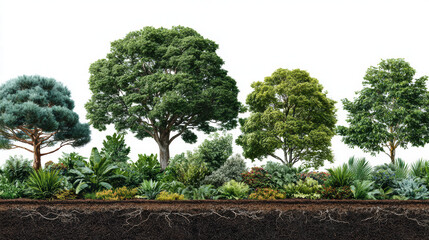 Lush greenery showcases variety of trees and plants, highlighting beauty of nature. vibrant foliage and rich soil layers create serene and tranquil environment, perfect for relaxation